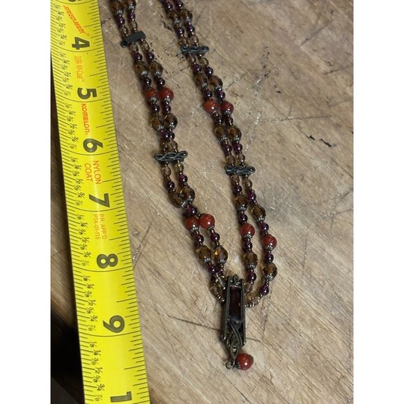 Vintage Multi-Strand Necklace With Red & Amber Beads Bronze Pendant & Chain Intr - Picture 7 of 10